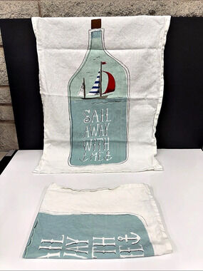 Now Designs Set of 2 Sail Away With Me Nautical Tea Towels Sailboat Cotton